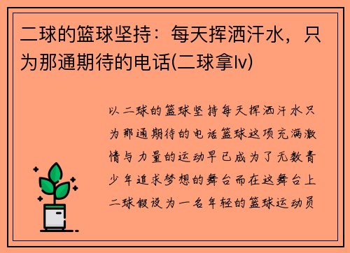 二球的篮球坚持：每天挥洒汗水，只为那通期待的电话(二球拿lv)