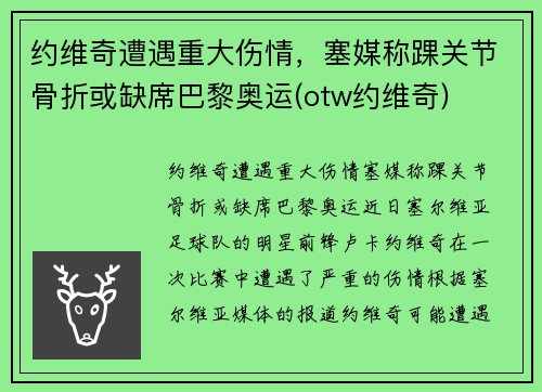 约维奇遭遇重大伤情，塞媒称踝关节骨折或缺席巴黎奥运(otw约维奇)