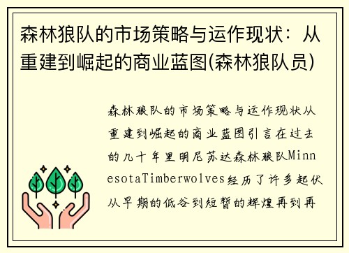 森林狼队的市场策略与运作现状：从重建到崛起的商业蓝图(森林狼队员)