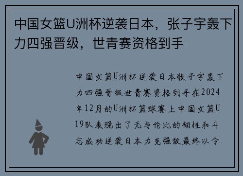 中国女篮U洲杯逆袭日本，张子宇轰下力四强晋级，世青赛资格到手